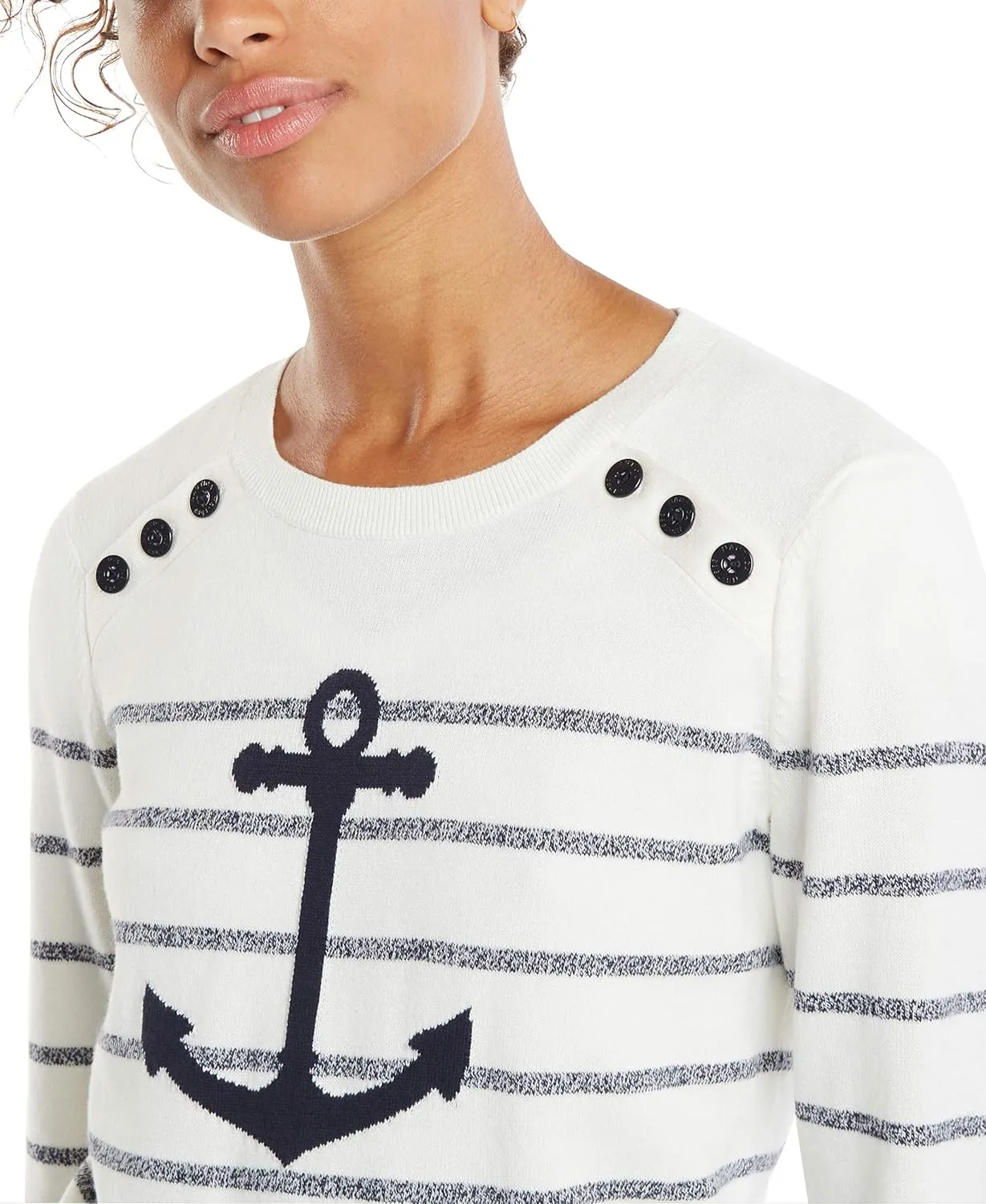 Nautica Women's Voyage Long Sleeve 100% Cotton Striped Crewneck Sweater