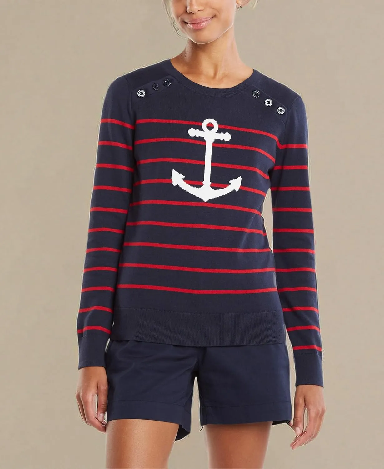 Nautica Women's Voyage Long Sleeve 100% Cotton Striped Crewneck Sweater