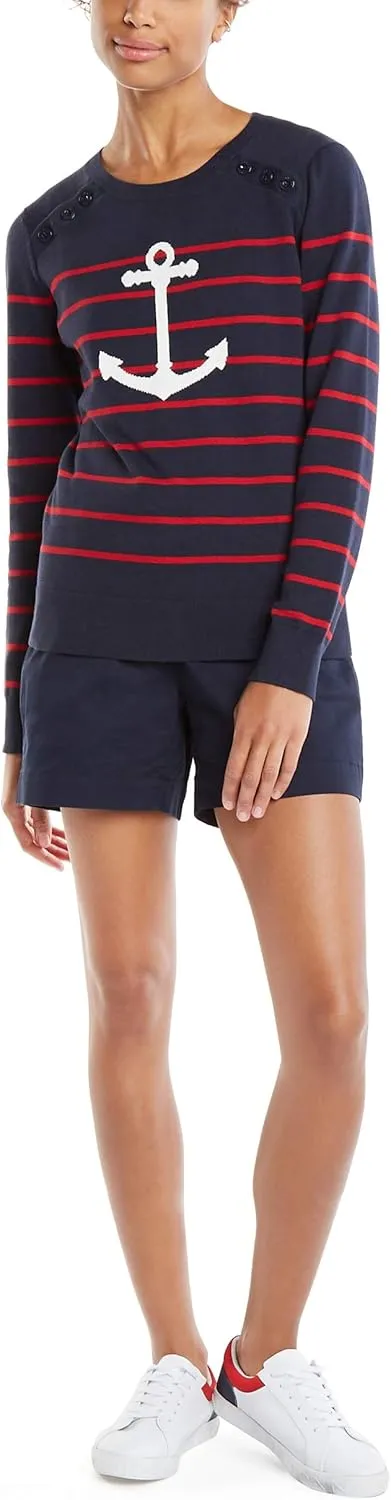 Nautica Women's Voyage Long Sleeve 100% Cotton Striped Crewneck Sweater
