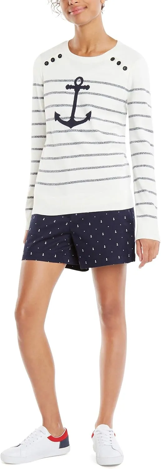 Nautica Women's Voyage Long Sleeve 100% Cotton Striped Crewneck Sweater