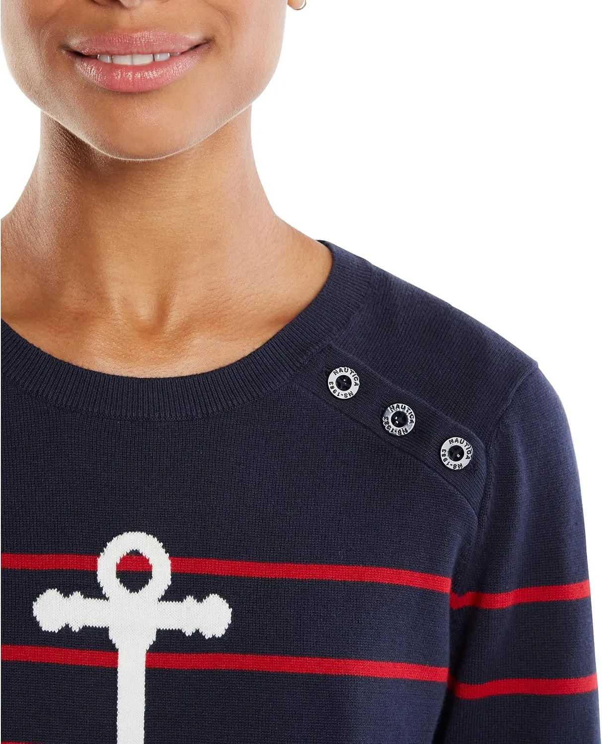 Nautica Women's Voyage Long Sleeve 100% Cotton Striped Crewneck Sweater