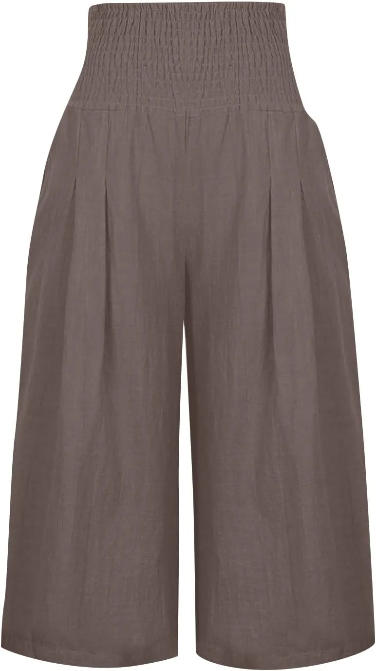 NBXNZWF Capris Pants for Women Cotton Linen 2025 Casual Summer Straight Wide Leg Loose Elastic High Waist Cropped Trouser