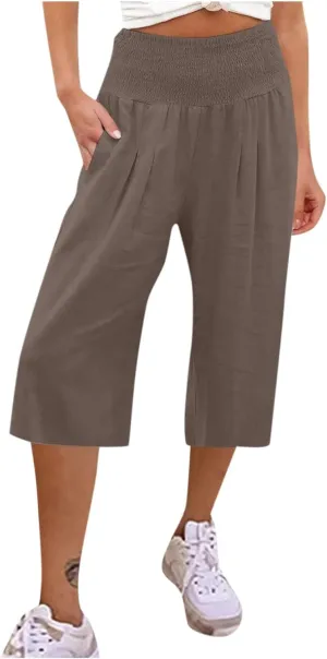NBXNZWF Capris Pants for Women Cotton Linen 2025 Casual Summer Straight Wide Leg Loose Elastic High Waist Cropped Trouser