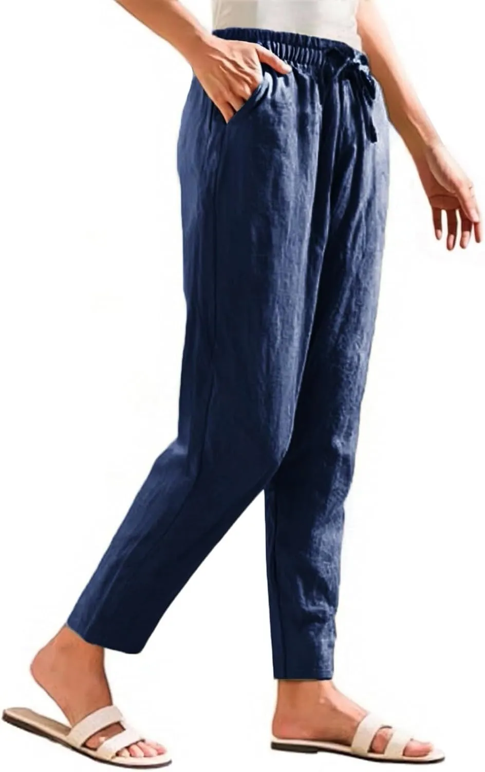 NBXNZWF Women's Cotton Linen Straight Leg Pants Elastic Drawstring Casual Trousers Summer Beach Lounge Pants with Pockets