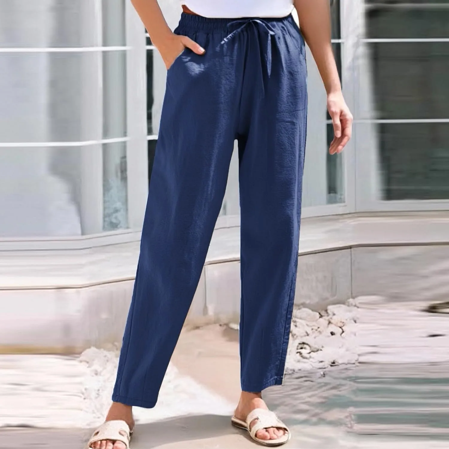 NBXNZWF Women's Cotton Linen Straight Leg Pants Elastic Drawstring Casual Trousers Summer Beach Lounge Pants with Pockets