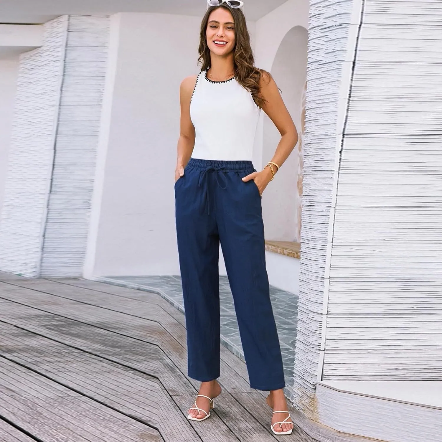 NBXNZWF Women's Cotton Linen Straight Leg Pants Elastic Drawstring Casual Trousers Summer Beach Lounge Pants with Pockets