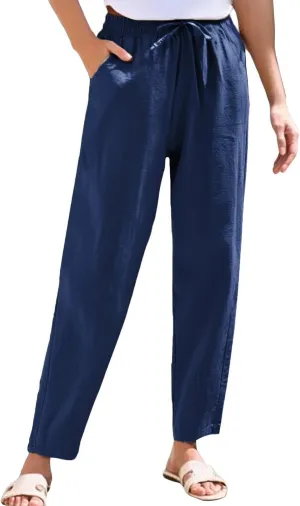 NBXNZWF Women's Cotton Linen Straight Leg Pants Elastic Drawstring Casual Trousers Summer Beach Lounge Pants with Pockets