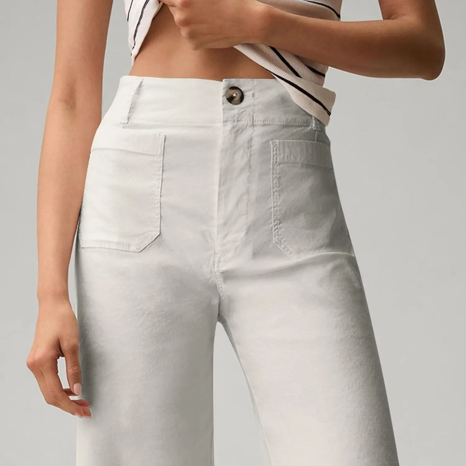 NBXNZWF Womens Wide Leg Cropped Pants Stretch Twill Jeans with Patch Pocket Straight Leg High Waisted Chino Casual Jeans