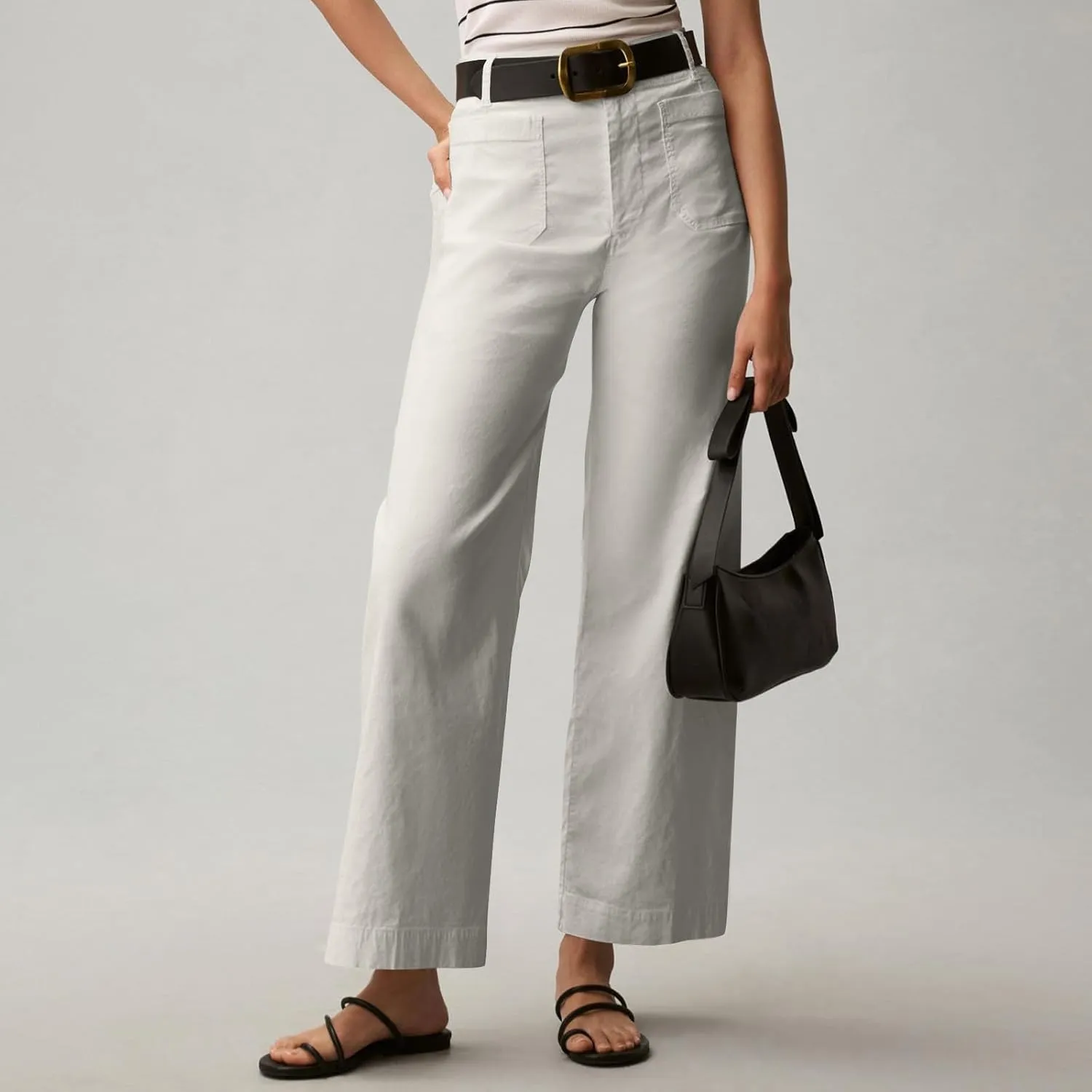 NBXNZWF Womens Wide Leg Cropped Pants Stretch Twill Jeans with Patch Pocket Straight Leg High Waisted Chino Casual Jeans