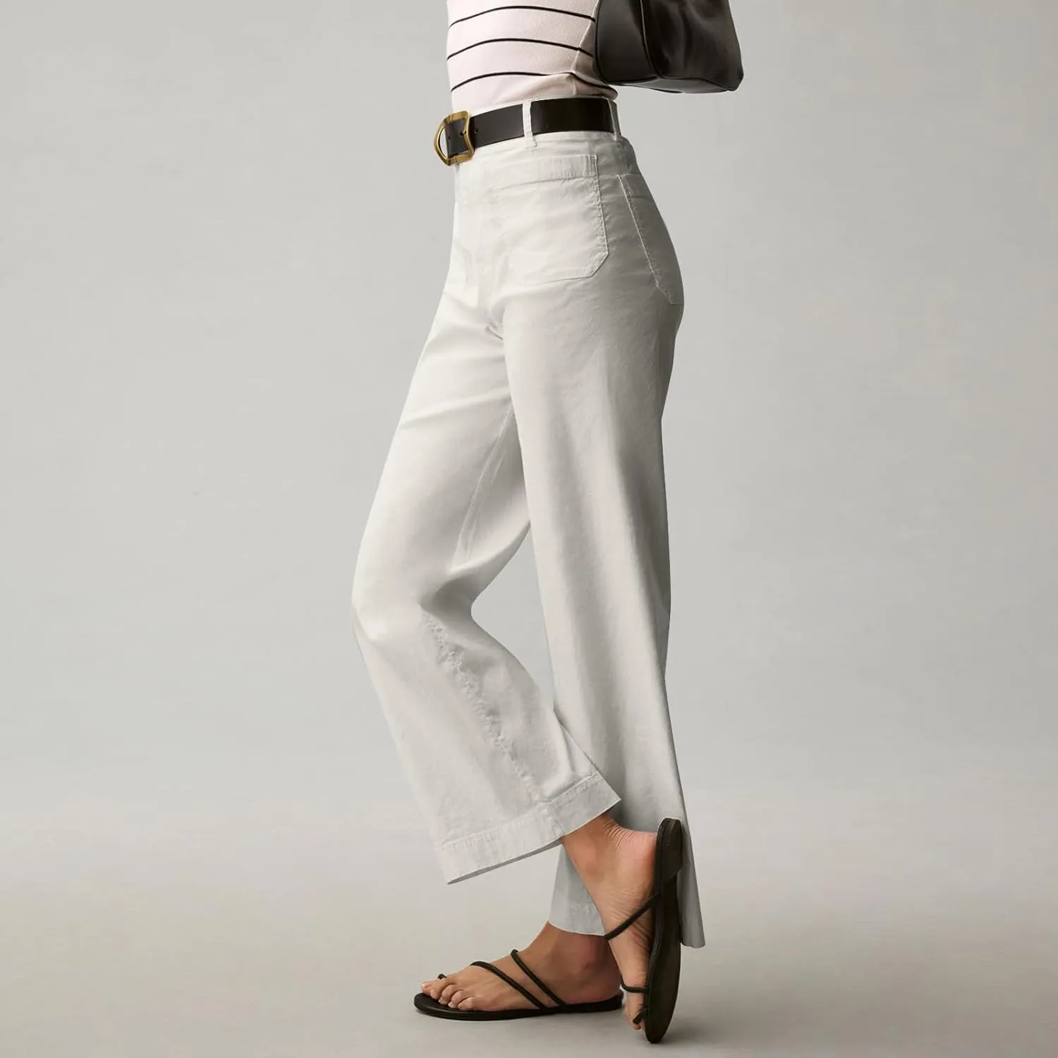 NBXNZWF Womens Wide Leg Cropped Pants Stretch Twill Jeans with Patch Pocket Straight Leg High Waisted Chino Casual Jeans