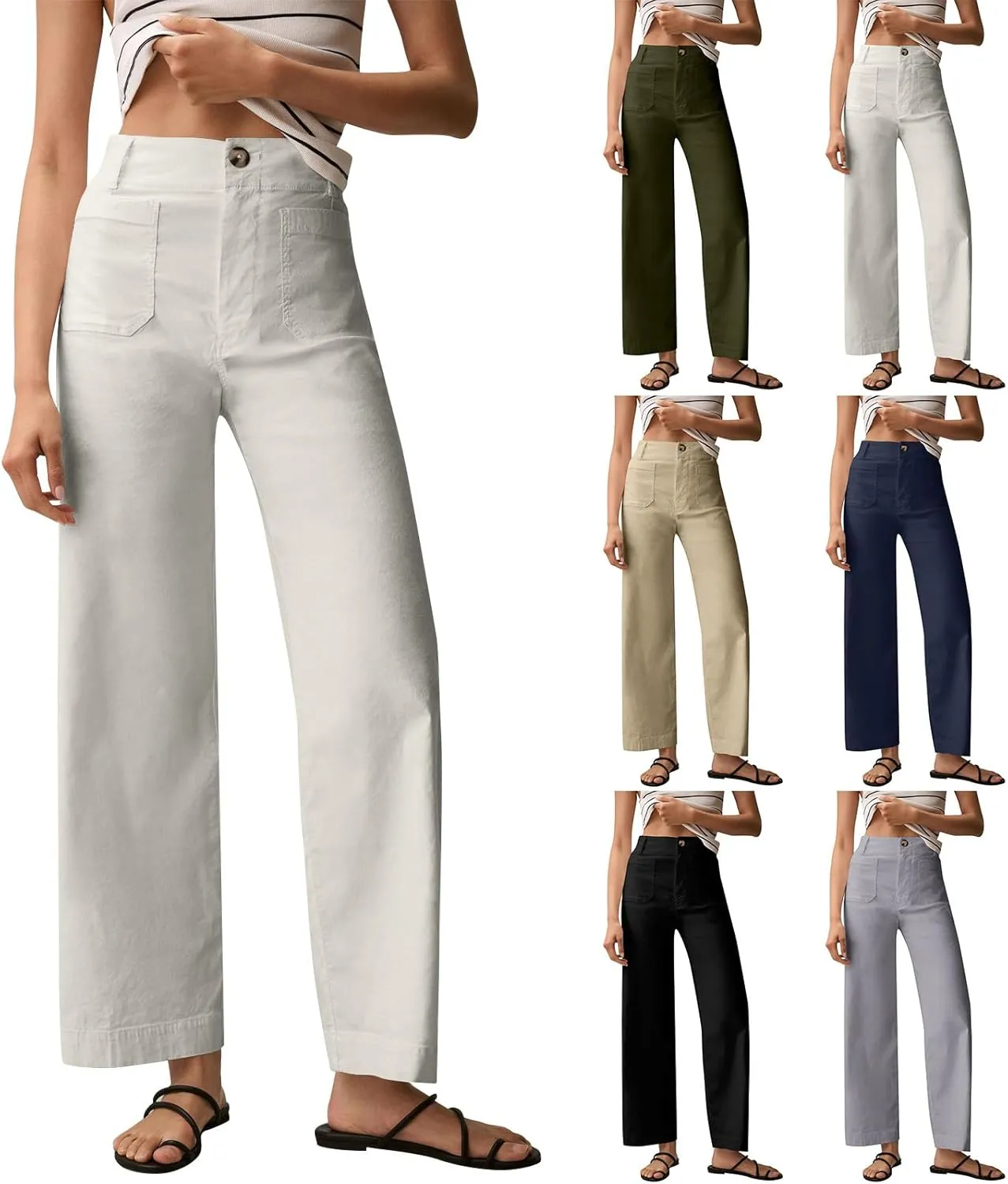 NBXNZWF Womens Wide Leg Cropped Pants Stretch Twill Jeans with Patch Pocket Straight Leg High Waisted Chino Casual Jeans