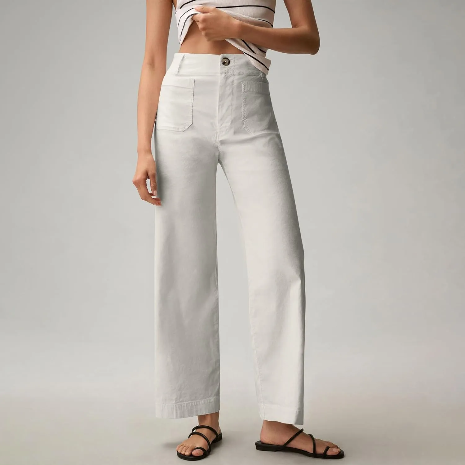 NBXNZWF Womens Wide Leg Cropped Pants Stretch Twill Jeans with Patch Pocket Straight Leg High Waisted Chino Casual Jeans