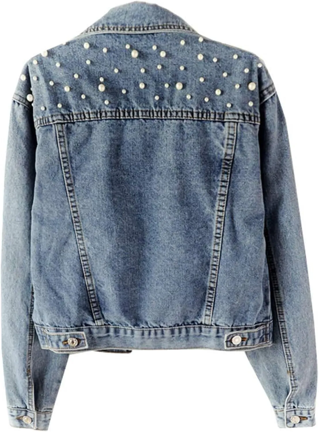 Oversized Denim Jacket Women Embroidered Pearls Short Crop Jean Jacket Button Down Distressed Denim Shacket Pockets