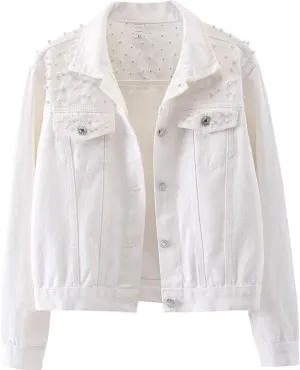 Oversized Denim Jacket Women Embroidered Pearls Short Crop Jean Jacket Button Down Distressed Denim Shacket Pockets