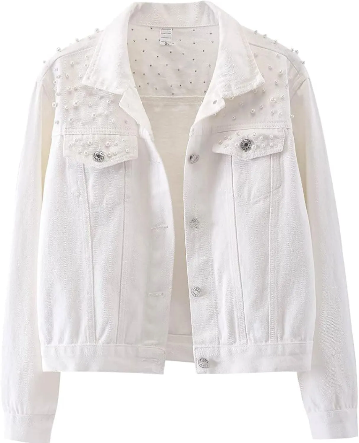 Oversized Denim Jacket Women Embroidered Pearls Short Crop Jean Jacket Button Down Distressed Denim Shacket Pockets