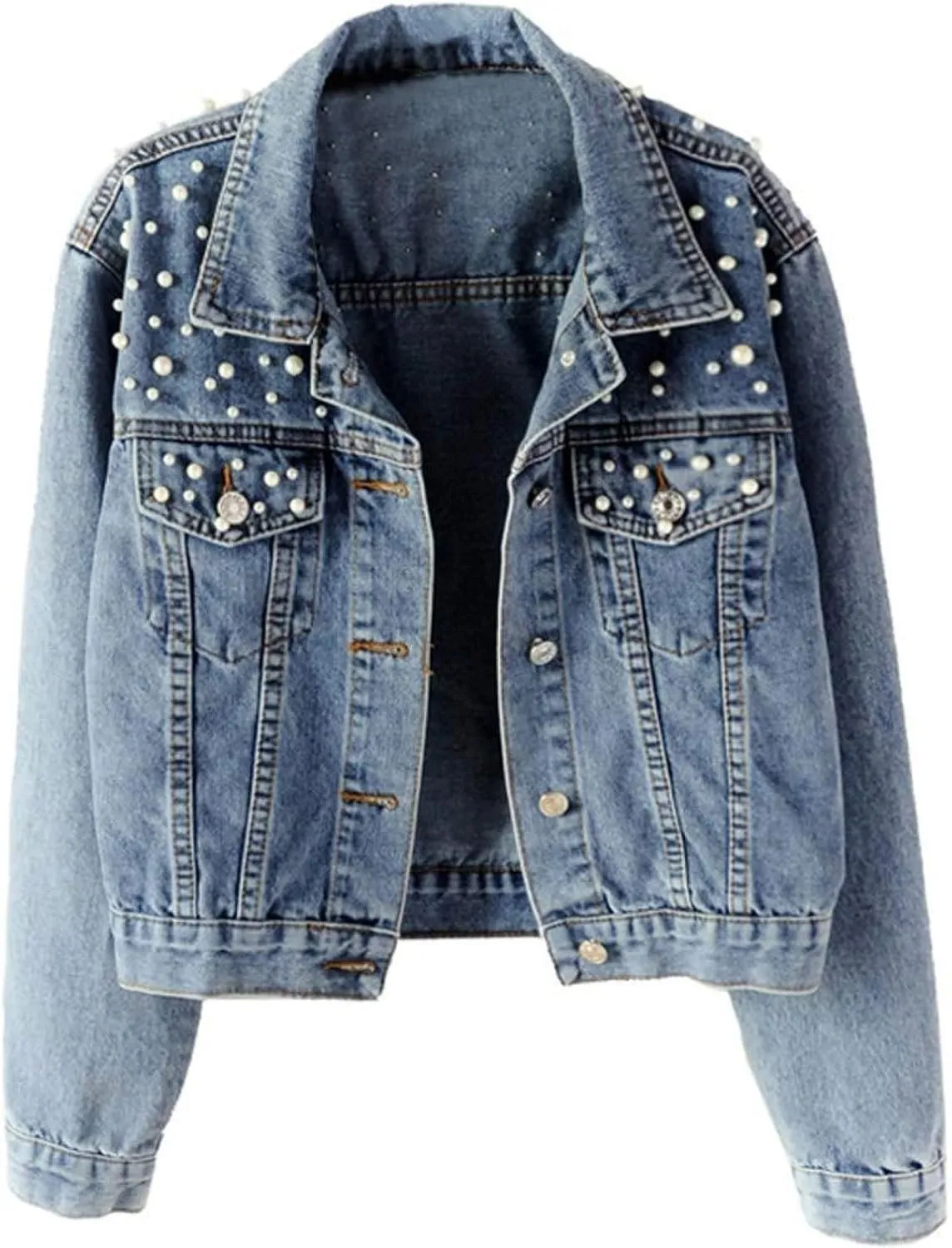 Oversized Denim Jacket Women Embroidered Pearls Short Crop Jean Jacket Button Down Distressed Denim Shacket Pockets