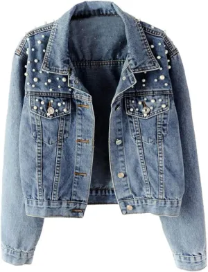 Oversized Denim Jacket Women Embroidered Pearls Short Crop Jean Jacket Button Down Distressed Denim Shacket Pockets