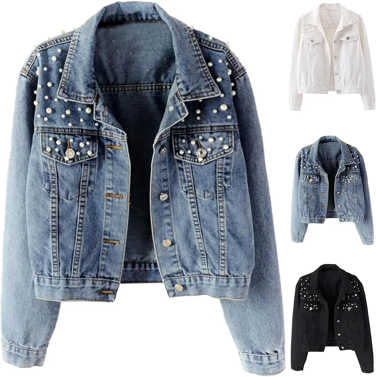 Oversized Denim Jacket Women Embroidered Pearls Short Crop Jean Jacket Button Down Distressed Denim Shacket Pockets