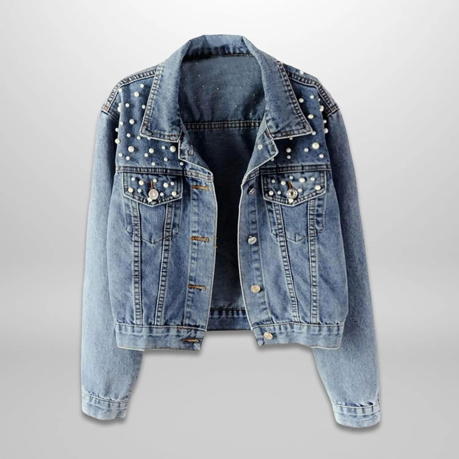Oversized Denim Jacket Women Embroidered Pearls Short Crop Jean Jacket Button Down Distressed Denim Shacket Pockets