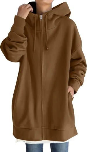 Oversized Zip Up Hoodies for Women Plus Size Long Fleece Jacket Casual Long Sleeve Cute Sweatshirts with Pockets