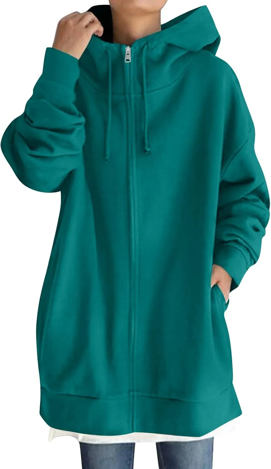 Oversized Zip Up Hoodies for Women Plus Size Long Fleece Jacket Casual Long Sleeve Cute Sweatshirts with Pockets