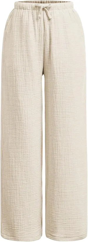 OYOANGLE Girl's Linen Pants Elastic Drawstring Waist Straight Leg Trousers with Pocket