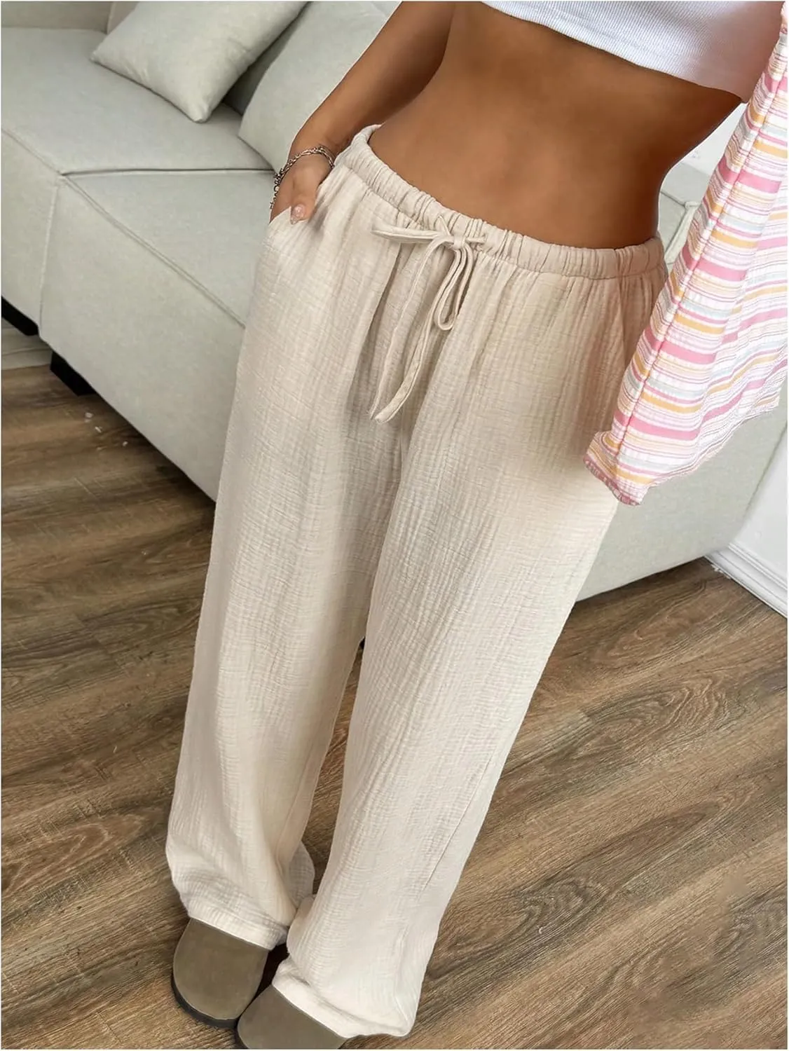 OYOANGLE Girl's Linen Pants Elastic Drawstring Waist Straight Leg Trousers with Pocket