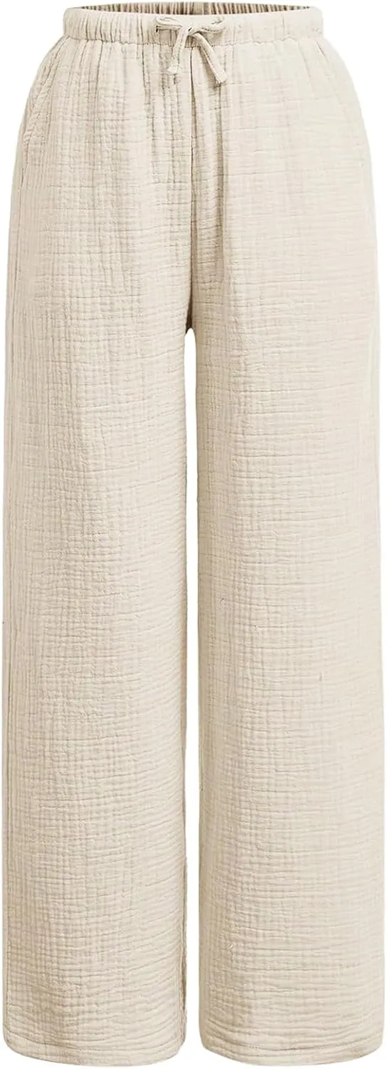 OYOANGLE Girl's Linen Pants Elastic Drawstring Waist Straight Leg Trousers with Pocket