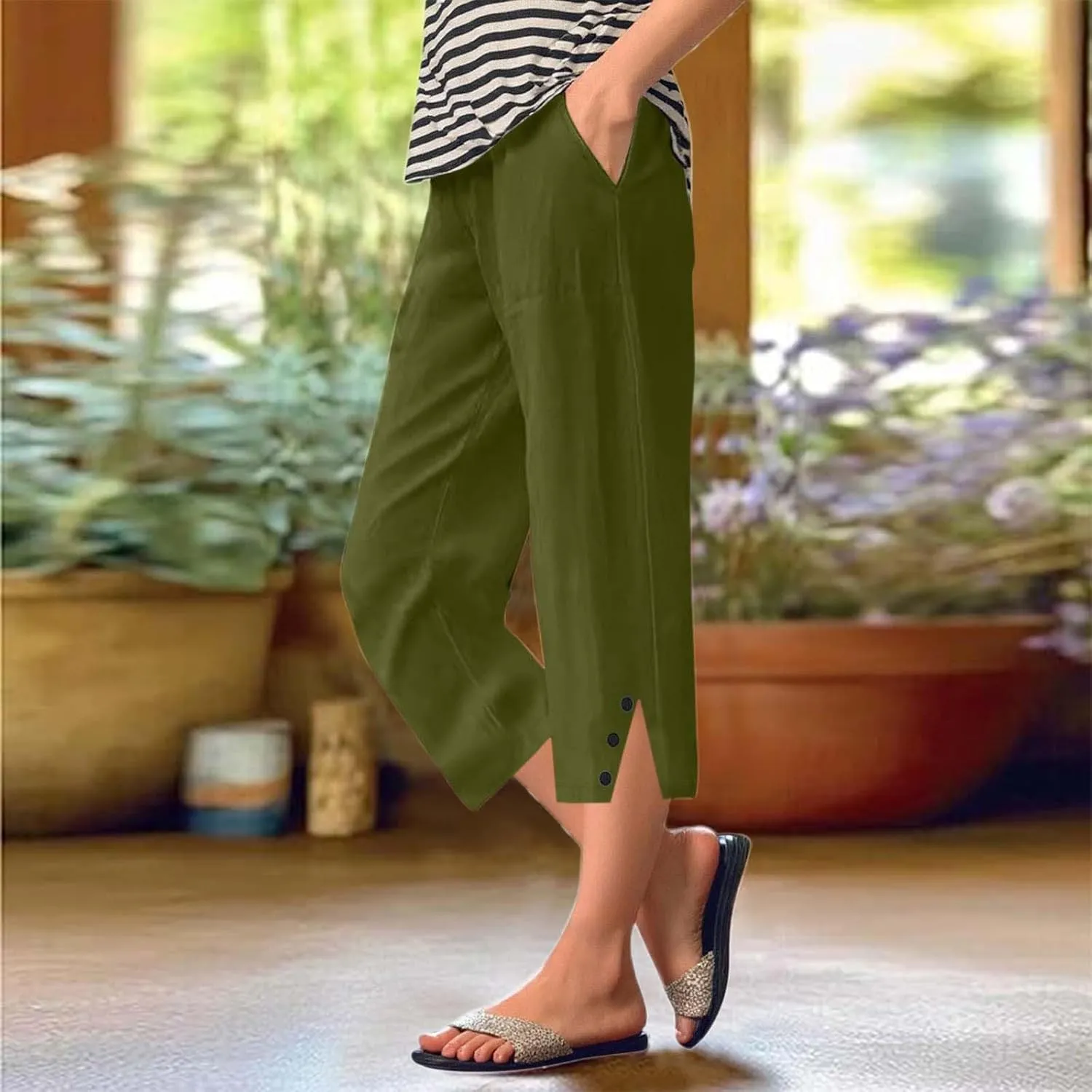 Pedal Pushers for Women Lightweight Linen Capri Pants Casual Loose Elastic Waist Bermuda Shorts Summer Capris Trousers
