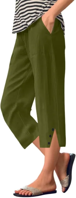 Pedal Pushers for Women Lightweight Linen Capri Pants Casual Loose Elastic Waist Bermuda Shorts Summer Capris Trousers