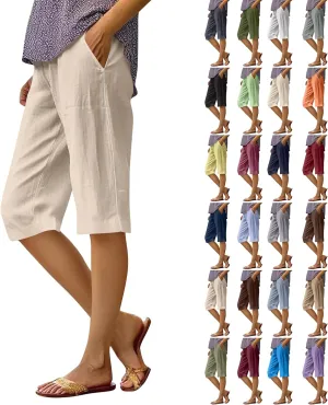 Pedal Pushers for Women Lightweight Summer Linen Capri Pants Casual Loose Elastic Waist Wide Leg Bermuda Shorts 2025