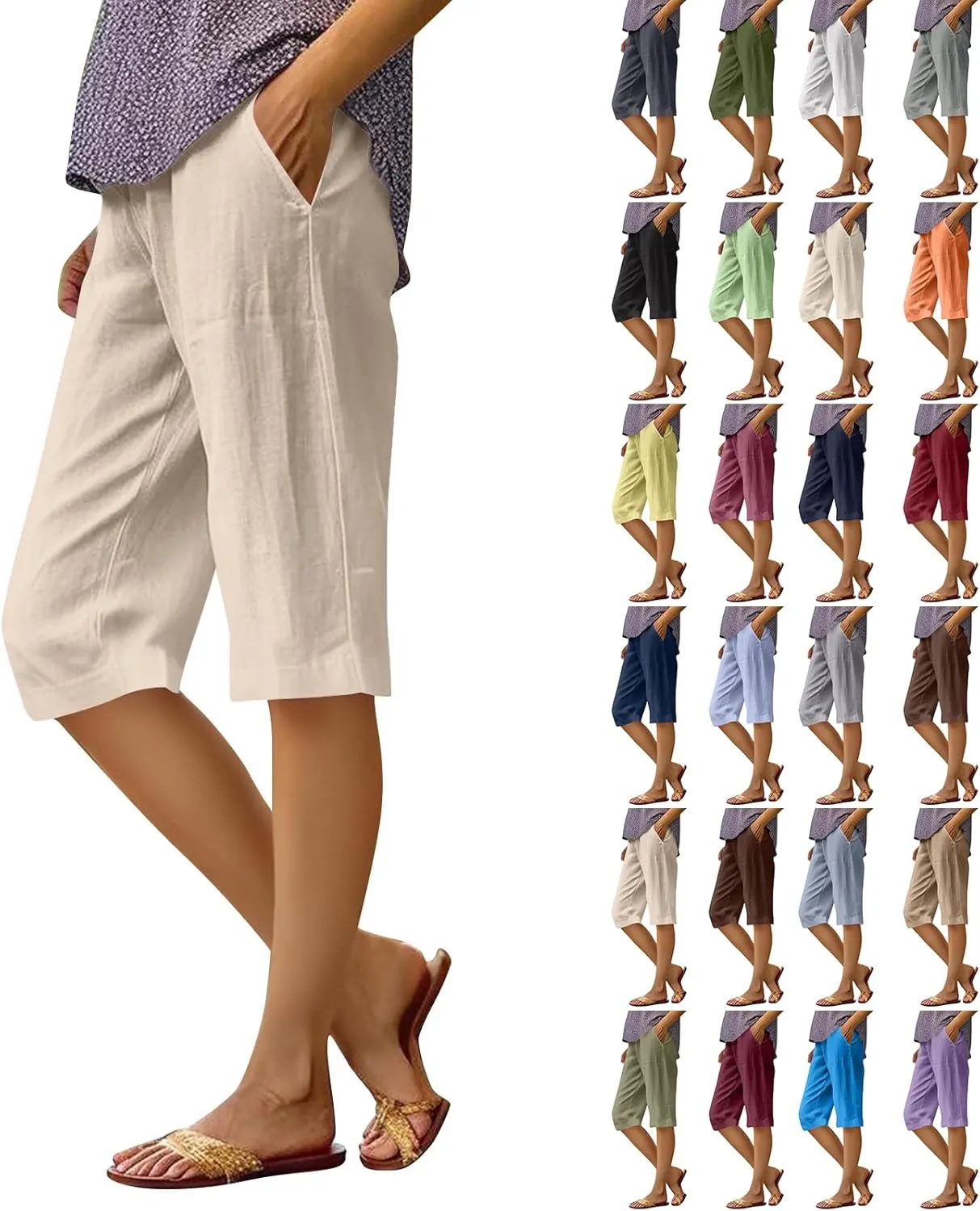 Pedal Pushers for Women Lightweight Summer Linen Capri Pants Casual Loose Elastic Waist Wide Leg Bermuda Shorts 2025