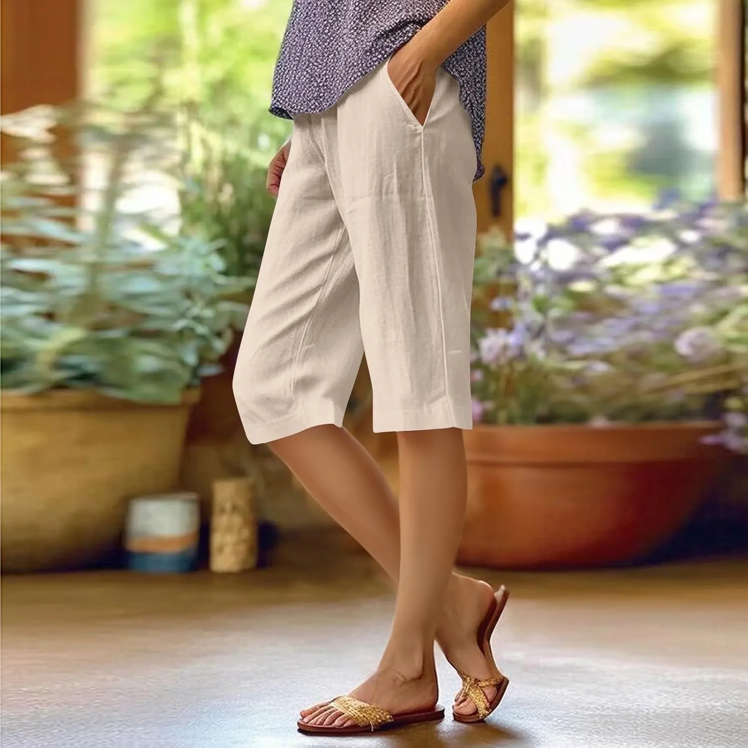 Pedal Pushers for Women Lightweight Summer Linen Capri Pants Casual Loose Elastic Waist Wide Leg Bermuda Shorts 2025