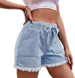 Perbai Womens Trendy High Waisted Frayed Raw Hem Denim Shorts Fringed Summer Jean Short Pants with Pockets