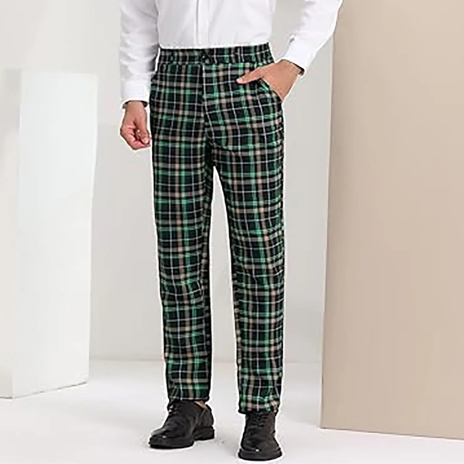 Plaid Pants for Men Straight Leg Checked Pattern Business Golf Chinos Pants Trousers Slim Fit Pants Expandable Waist