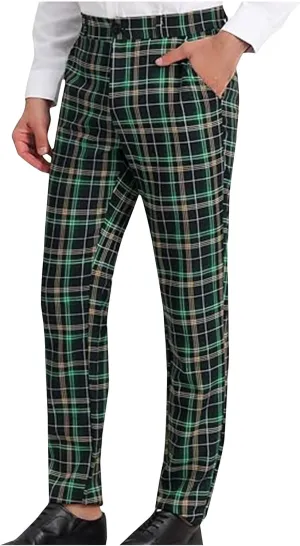 Plaid Pants for Men Straight Leg Checked Pattern Business Golf Chinos Pants Trousers Slim Fit Pants Expandable Waist