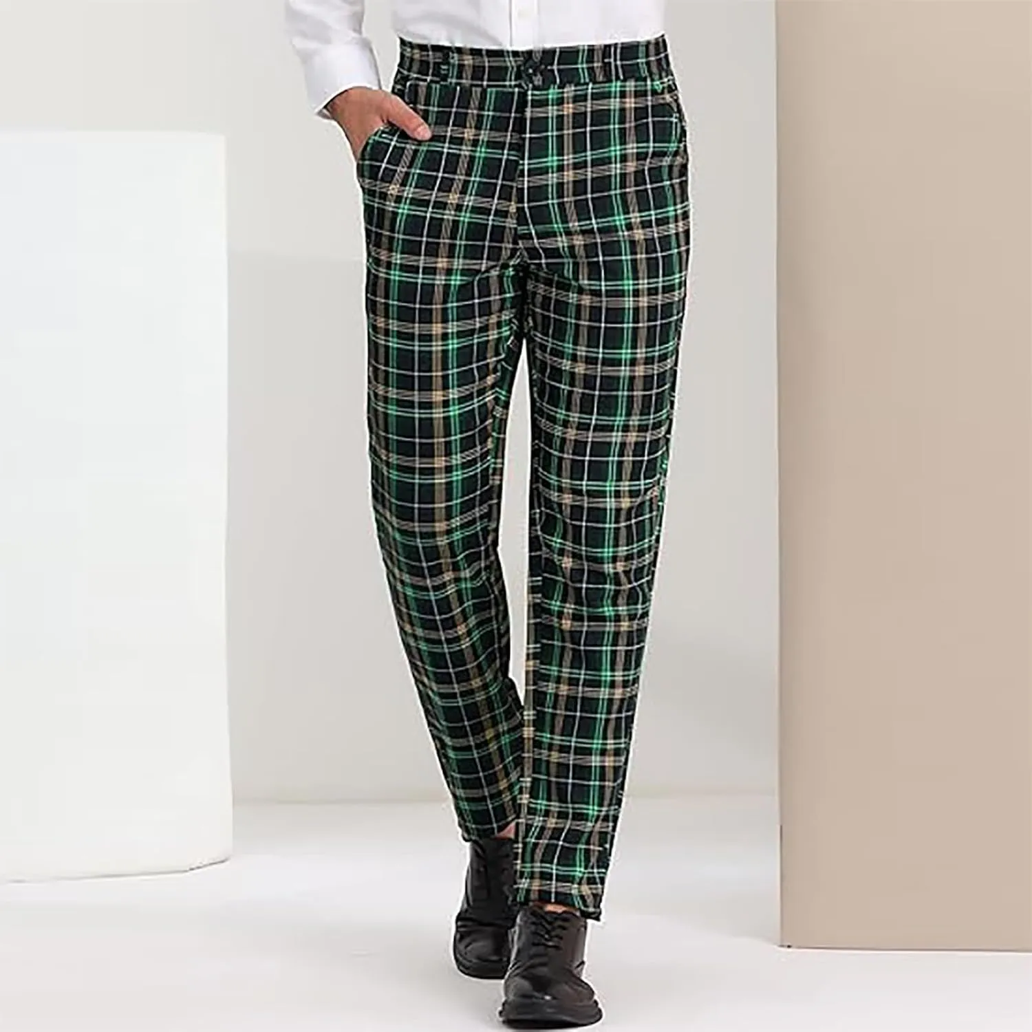 Plaid Pants for Men Straight Leg Checked Pattern Business Golf Chinos Pants Trousers Slim Fit Pants Expandable Waist