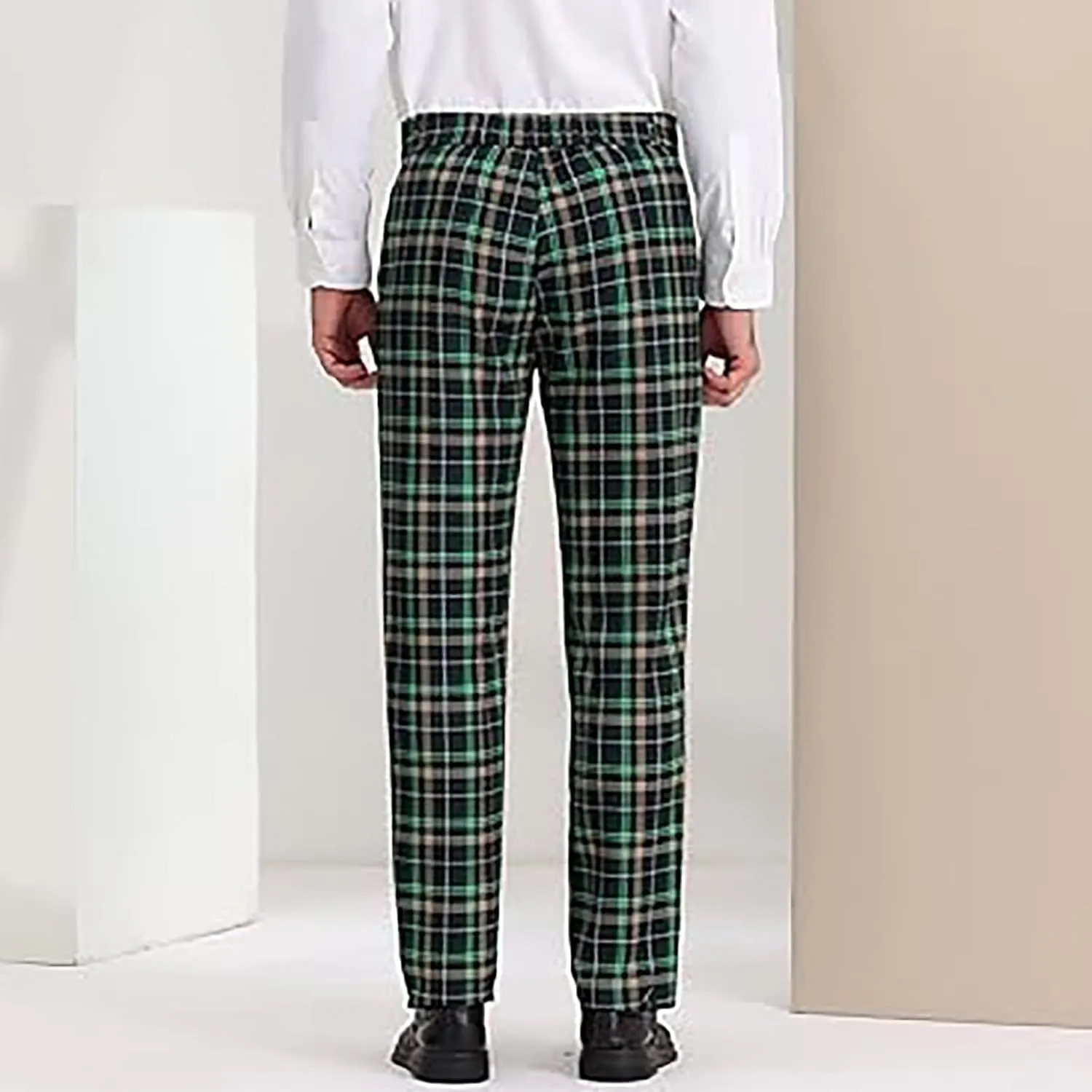 Plaid Pants for Men Straight Leg Checked Pattern Business Golf Chinos Pants Trousers Slim Fit Pants Expandable Waist