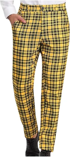 Plaid Pants for Men Straight Leg Checked Pattern Business Golf Chinos Pants Trousers Slim Fit Pants Expandable Waist
