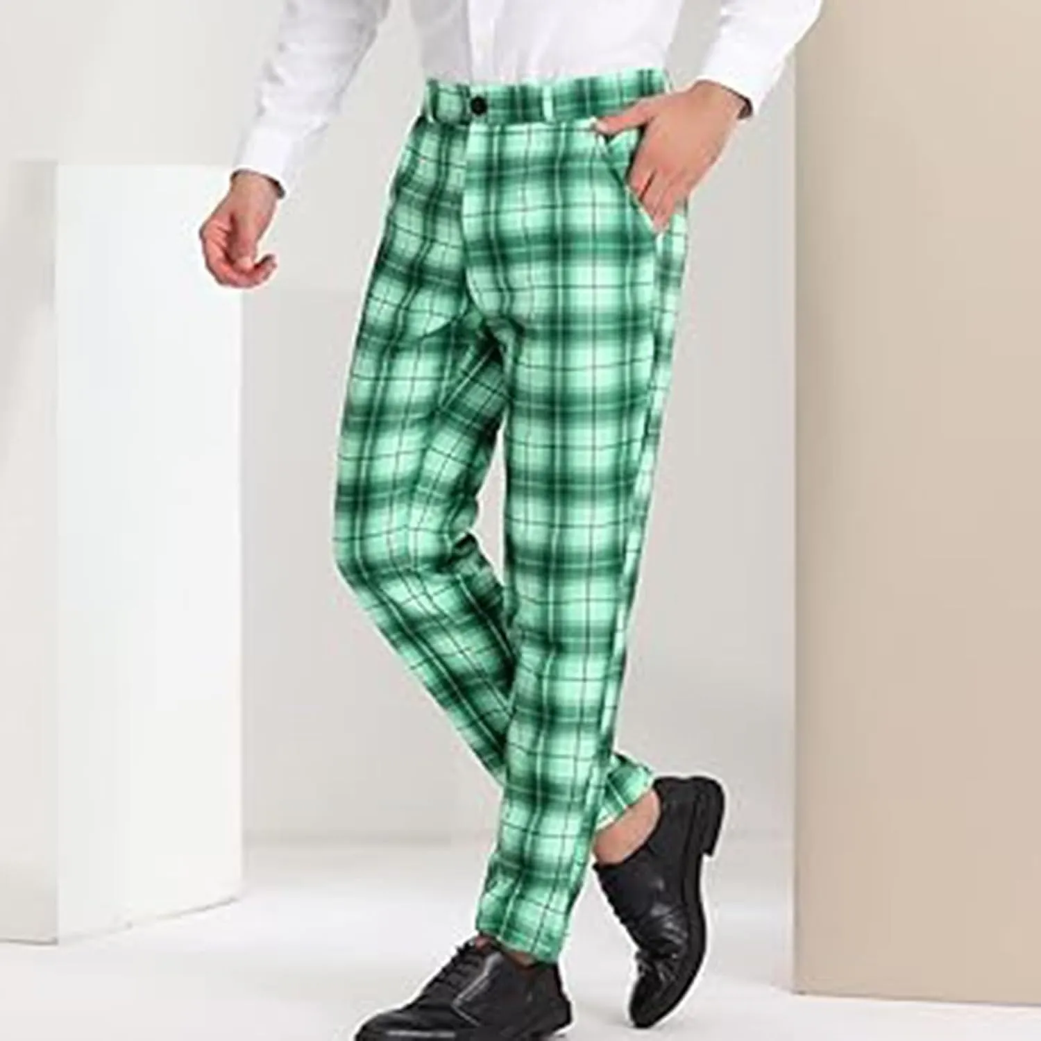 Plaid Pants for Men Straight Leg Checked Pattern Business Golf Chinos Pants Trousers Slim Fit Pants Expandable Waist