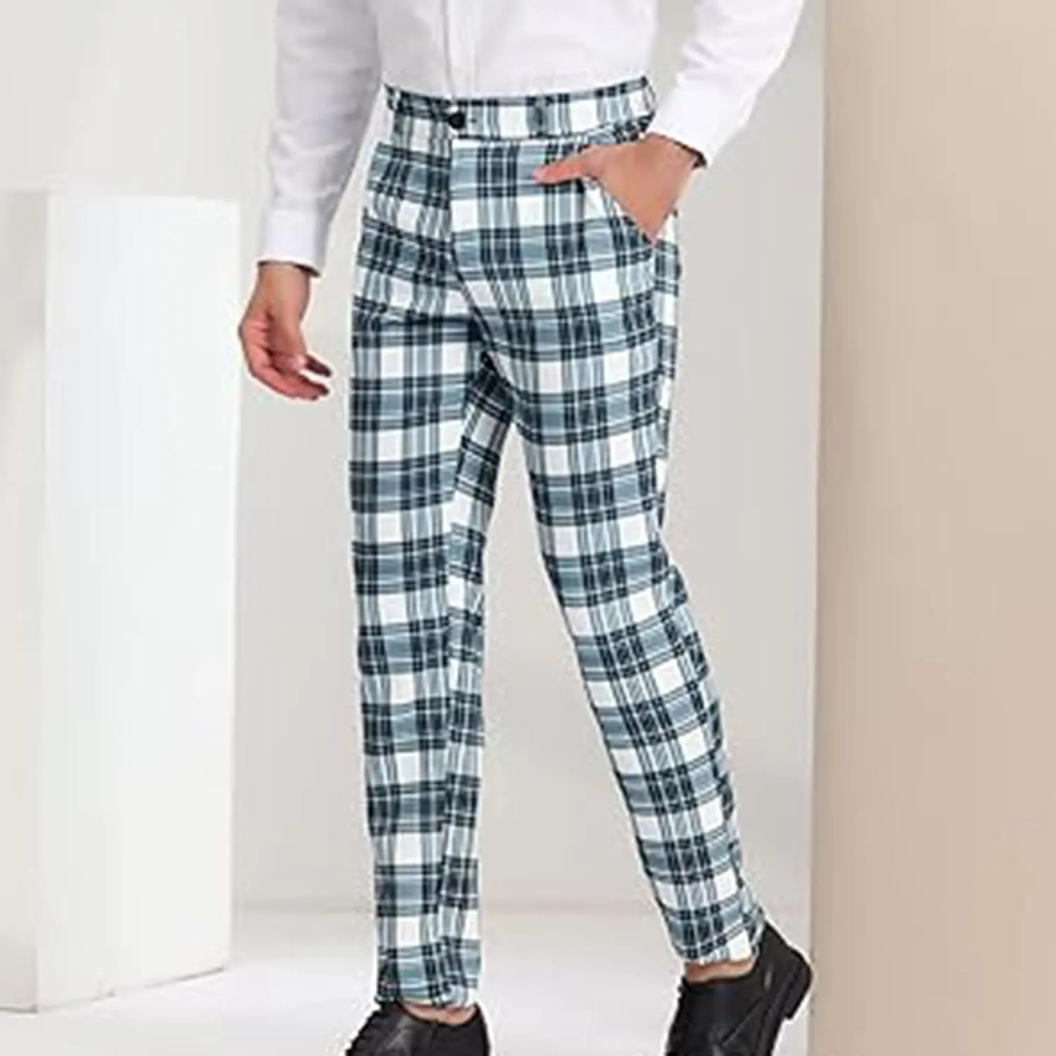 Plaid Pants for Men Straight Leg Checked Pattern Business Golf Chinos Pants Trousers Slim Fit Pants Expandable Waist