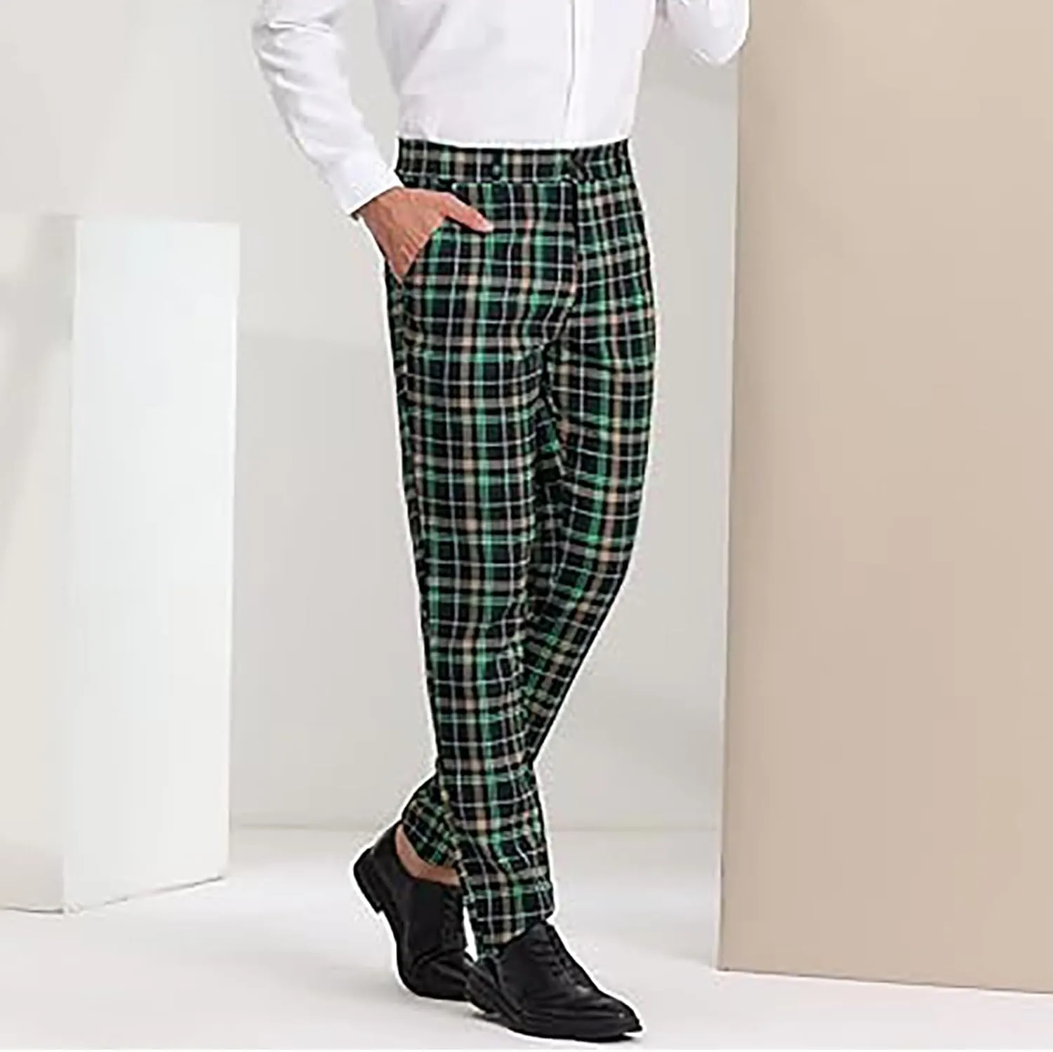 Plaid Pants for Men Straight Leg Checked Pattern Business Golf Chinos Pants Trousers Slim Fit Pants Expandable Waist