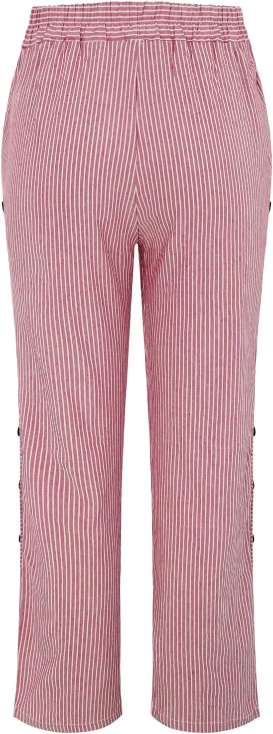 Plus Size Capris for Women Striped Floral Printed Cotton Linen Pants Lightweight Casual Trousers with Pockets