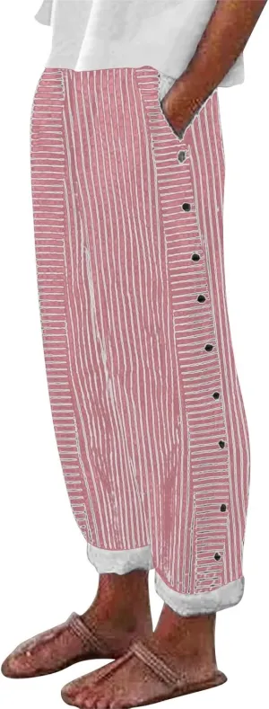 Plus Size Capris for Women Striped Floral Printed Cotton Linen Pants Lightweight Casual Trousers with Pockets