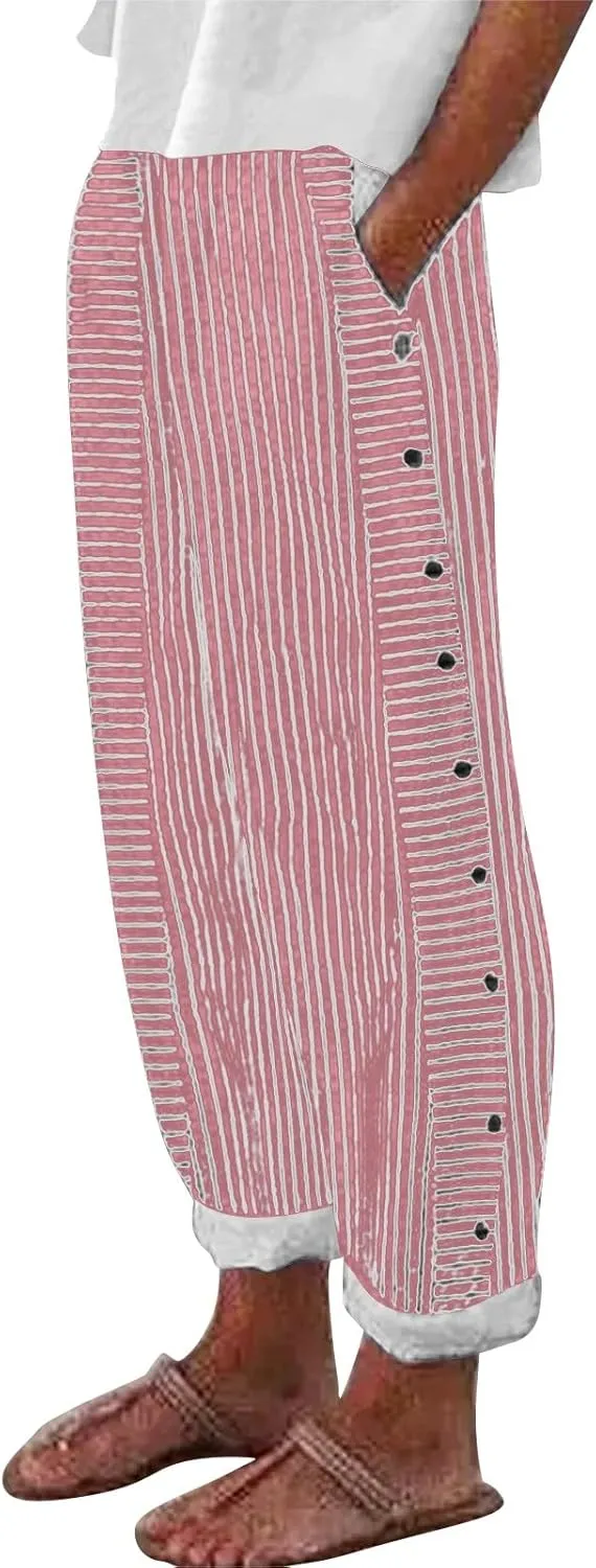 Plus Size Capris for Women Striped Floral Printed Cotton Linen Pants Lightweight Casual Trousers with Pockets