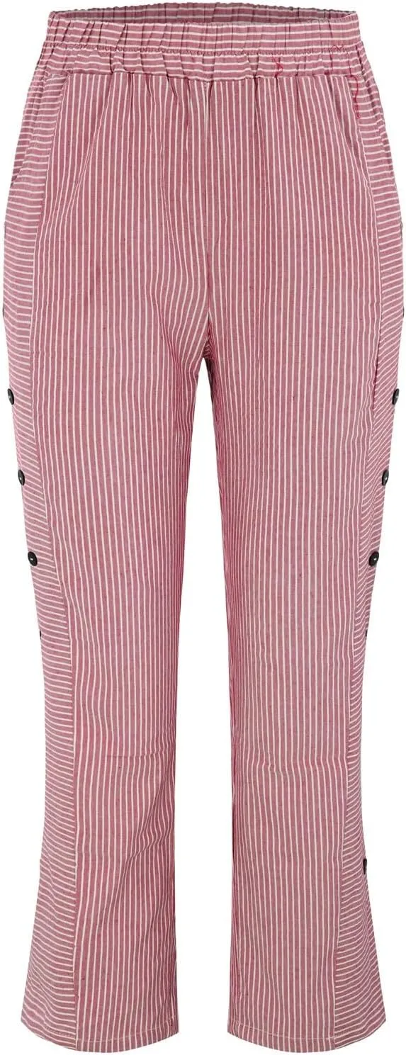 Plus Size Capris for Women Striped Floral Printed Cotton Linen Pants Lightweight Casual Trousers with Pockets