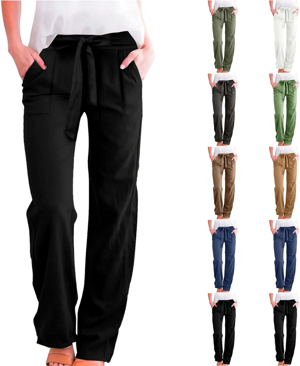 Plus Size Linen Pants for Women Straight Leg Lightweight Summer Pants Casual Loose High Waisted Lounge Pants w/Pockets