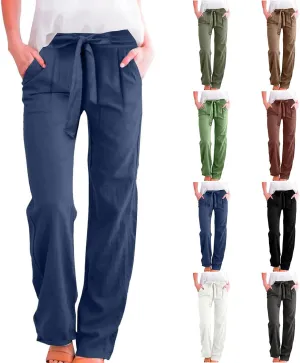 Plus Size Linen Pants for Women Straight Leg Lightweight Summer Pants Casual Loose High Waisted Lounge Pants w/Pockets