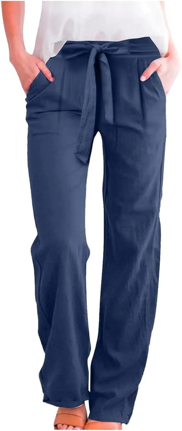 Plus Size Linen Pants for Women Straight Leg Lightweight Summer Pants Casual Loose High Waisted Lounge Pants w/Pockets