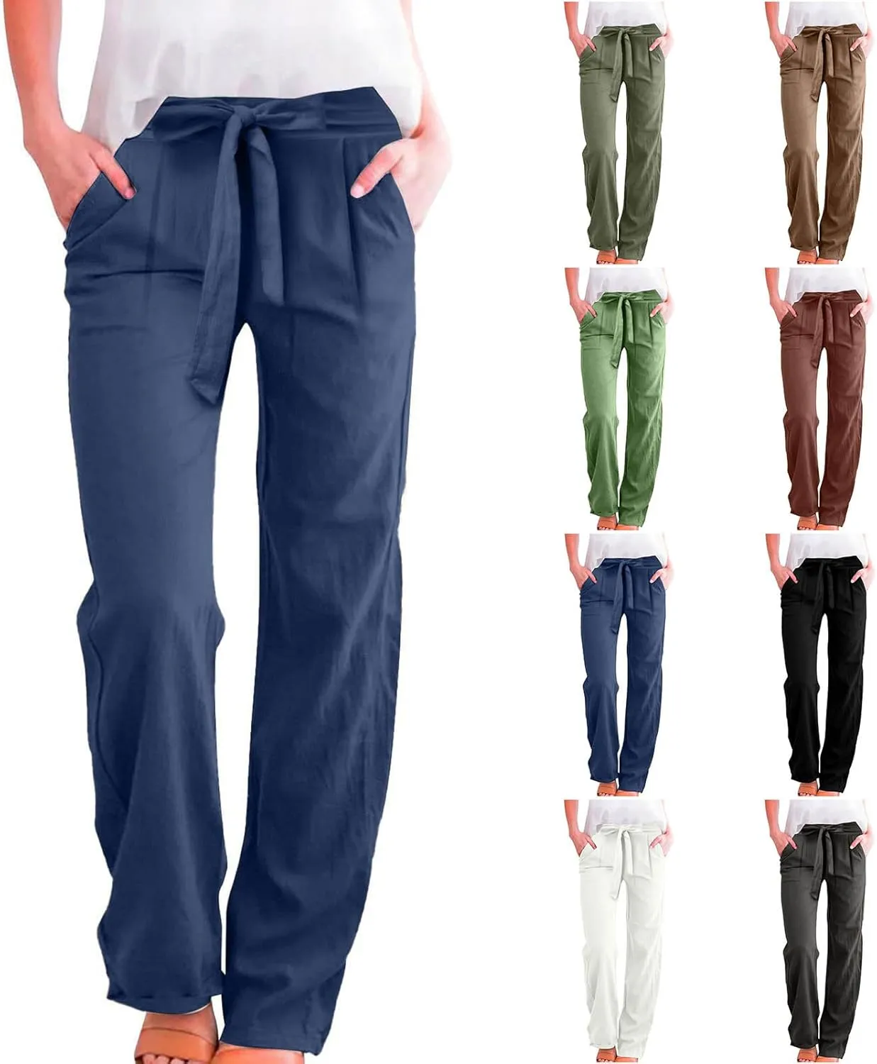 Plus Size Linen Pants for Women Straight Leg Lightweight Summer Pants Casual Loose High Waisted Lounge Pants w/Pockets